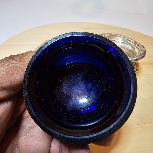 Vintage Ellis Barker Silver Plate Small Bowl With Cobalt Blue Glass Insert Liner - Picture 9 of 12